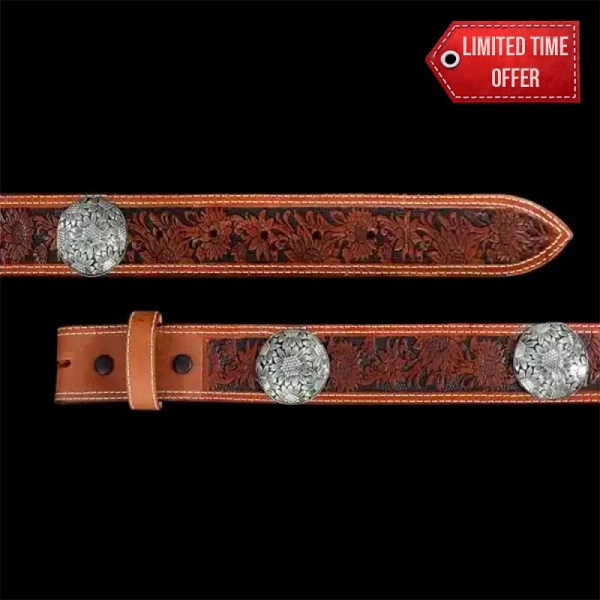 The Willow Concho Western Leather Belt lets you customize with 6 conchos of your choice. Crafted with double-lined top-grain leather for durability & longevity.